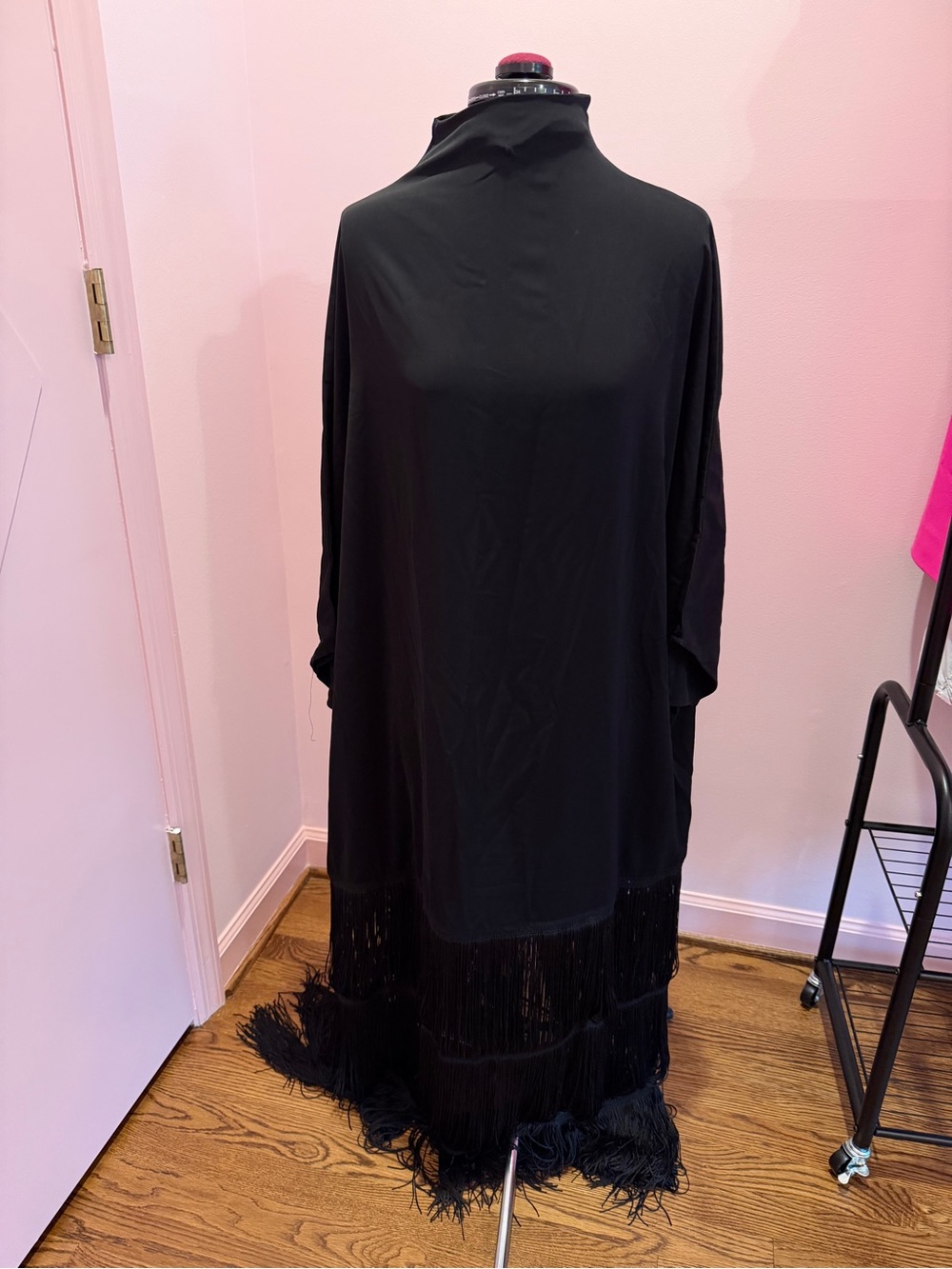 Black Fringe Hem High-Neck Woman's Dress